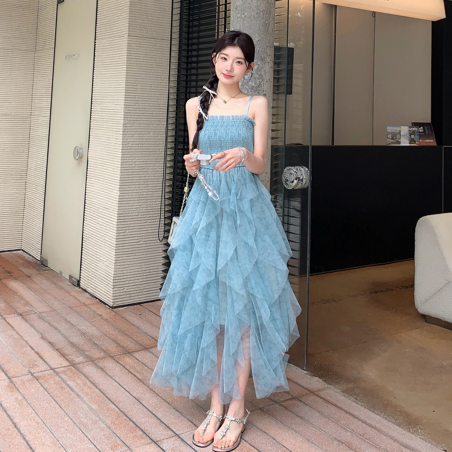 新款！蓝色网沙吊带连衣裙159-2616P135K218，女装连衣裙，浙宝159