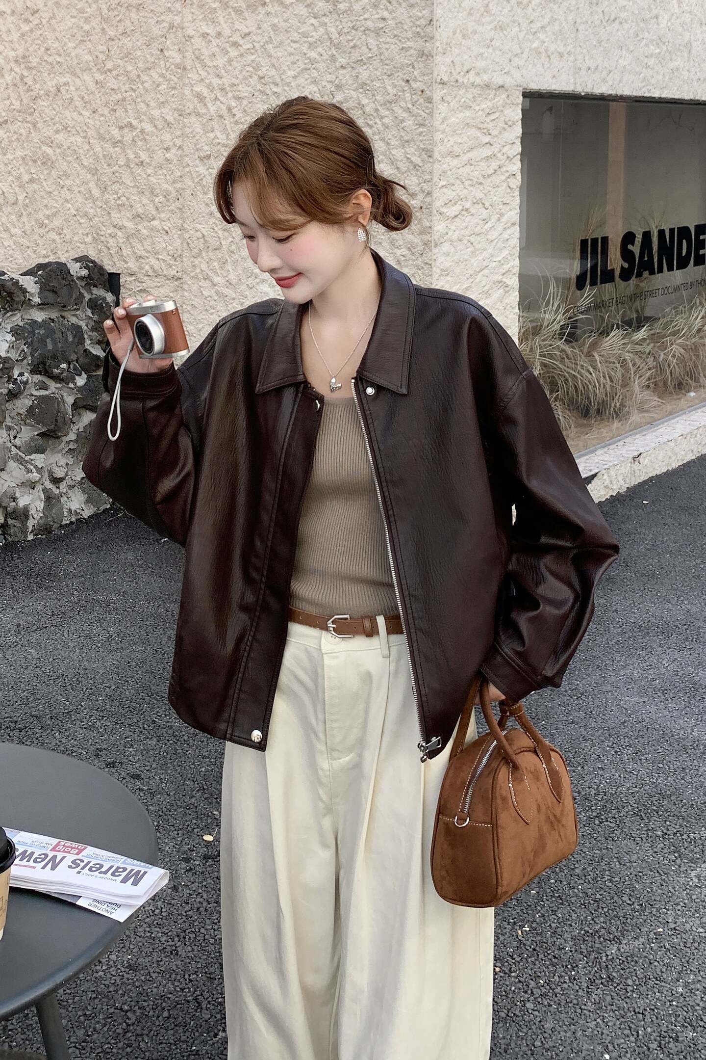 美式复古翻领皮衣外套女2025秋新款短款宽松高级感小个子酷飒夹克,女装皮衣,浙宝159