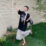 2025新款韩版设计感时尚简约休闲圆领短袖米奇T恤蕾丝拼接连衣裙，商品下架区，浙宝159