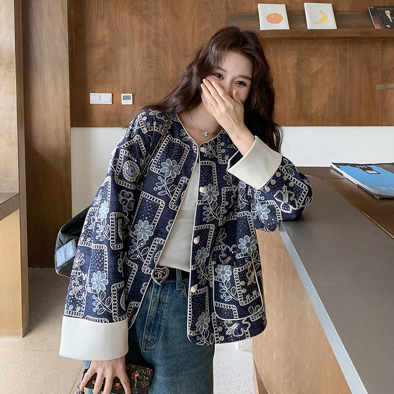 现货新中式风仿牛仔亮片盘扣刺绣外套女,女装短外套,浙宝159