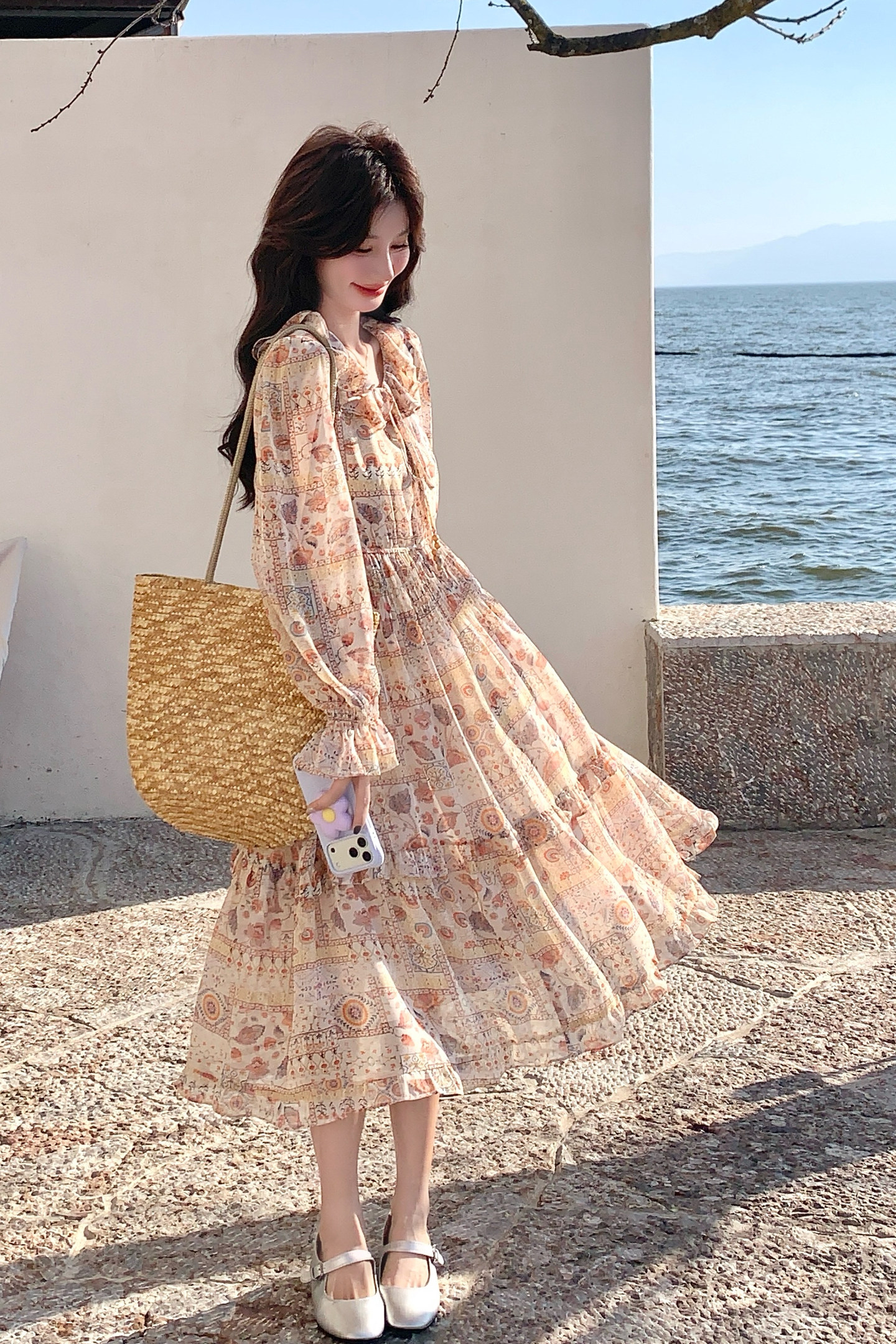 新款！度假风印花高腰连衣裙159-2604P145K238,女装连衣裙,浙宝159