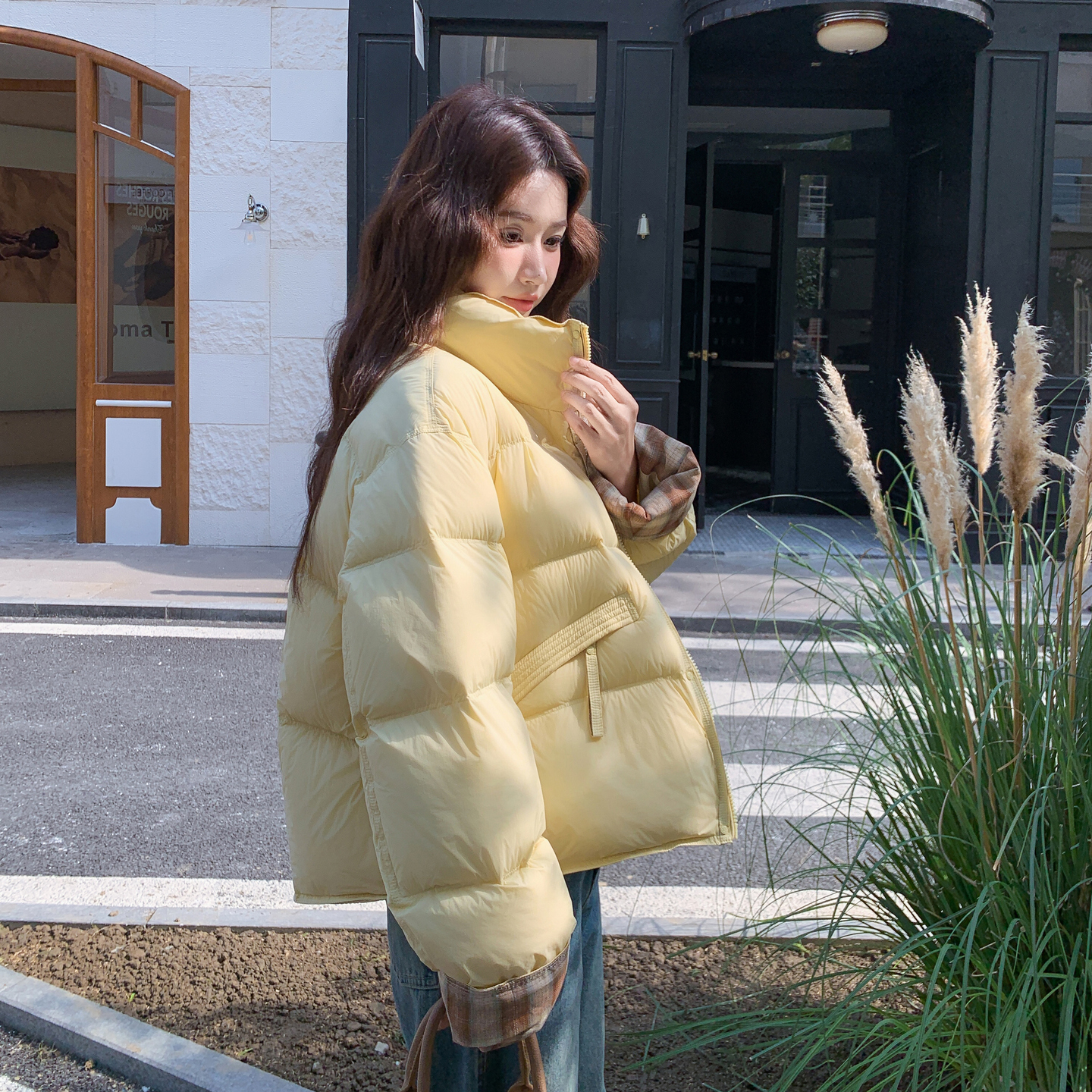 新款！黄色拼接泡芙羽绒服90白鸭绒159-554P305K458，女装羽绒服，浙宝159
