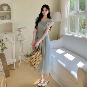 现货新款 蓝色温柔韩系仙女连衣裙荷叶边收腰长裙159-776P125K188图片