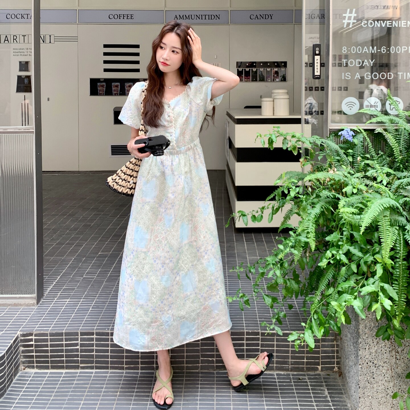新款现货！印花绿色蕾丝收腰法式连衣裙159-799P135K198,女装连衣裙,浙宝159
