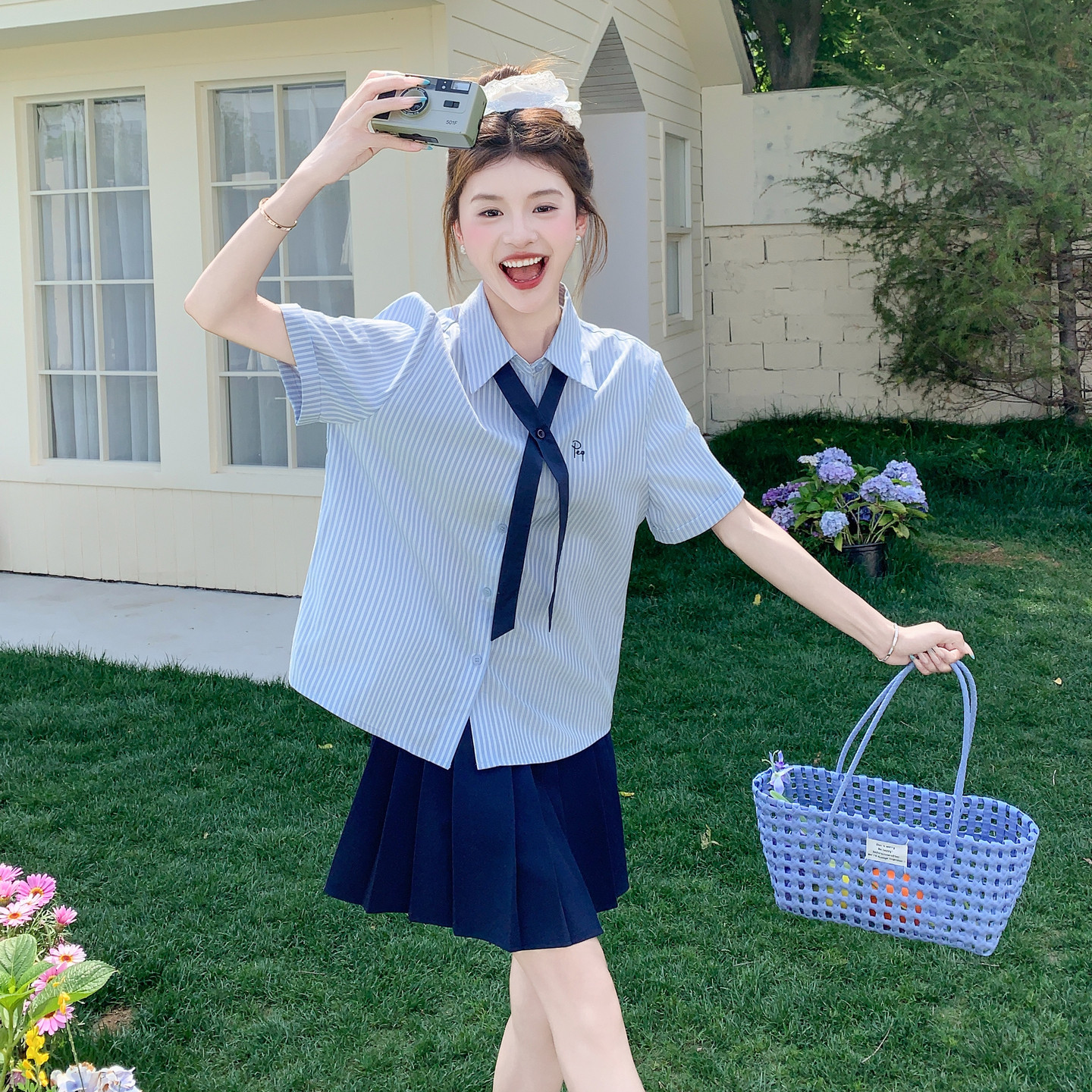 现货学院风JK条纹衬衫半身裙裤两件套装女159-785P145K208,女装套装/套裙,浙宝159