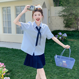 学院风条纹衬衫套装裙女2025夏季新款高腰显瘦百褶半身裙两件套，商品下架区，浙宝159