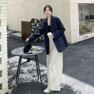 新款！韩版宽松垫肩藏青色西装外套159-511P145K218图片