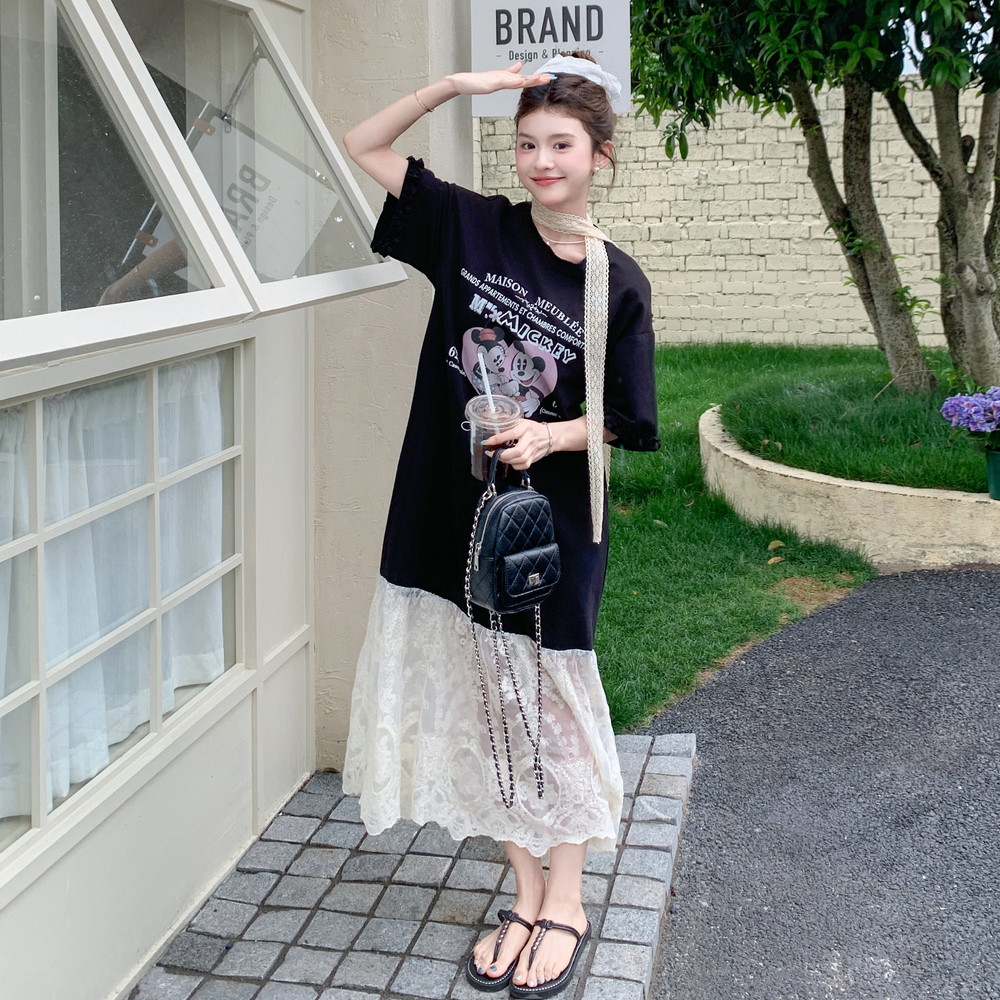 2025新款韩版设计感时尚简约休闲圆领短袖米奇T恤蕾丝拼接连衣裙，商品下架区商品下架区，浙宝159