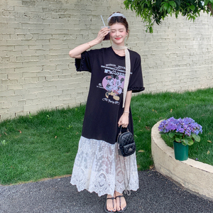 现货！宽松印花T恤裙拼接蕾丝连衣裙159-783P125K188，女装连衣裙，浙宝159