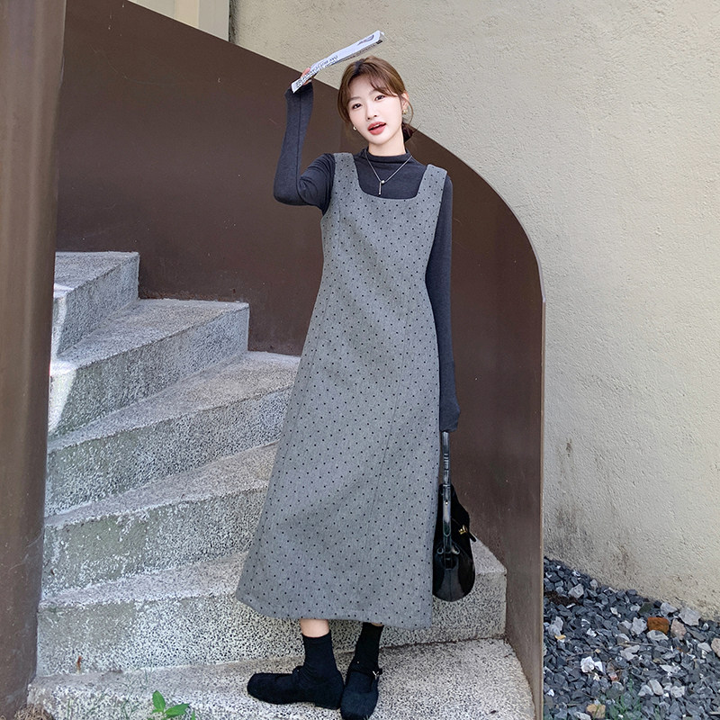 韩系高级气质灰色波点背心连衣裙女2025春秋超火巨好看长裙两级套,女装套装/套裙,浙宝159