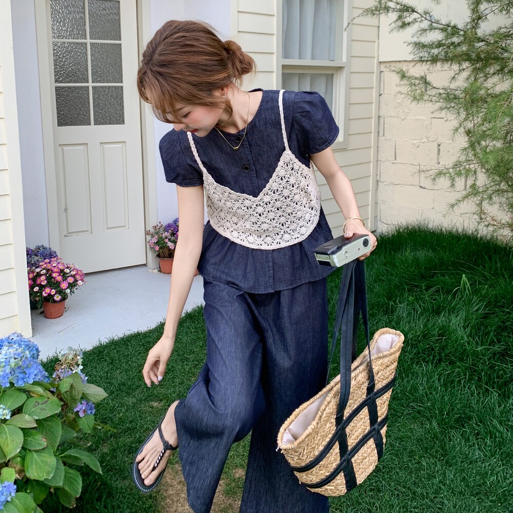 档口现货薄款牛仔上衣+吊带+阔腿裤三件套装159-770P165K238，女装套装/套裙，浙宝159