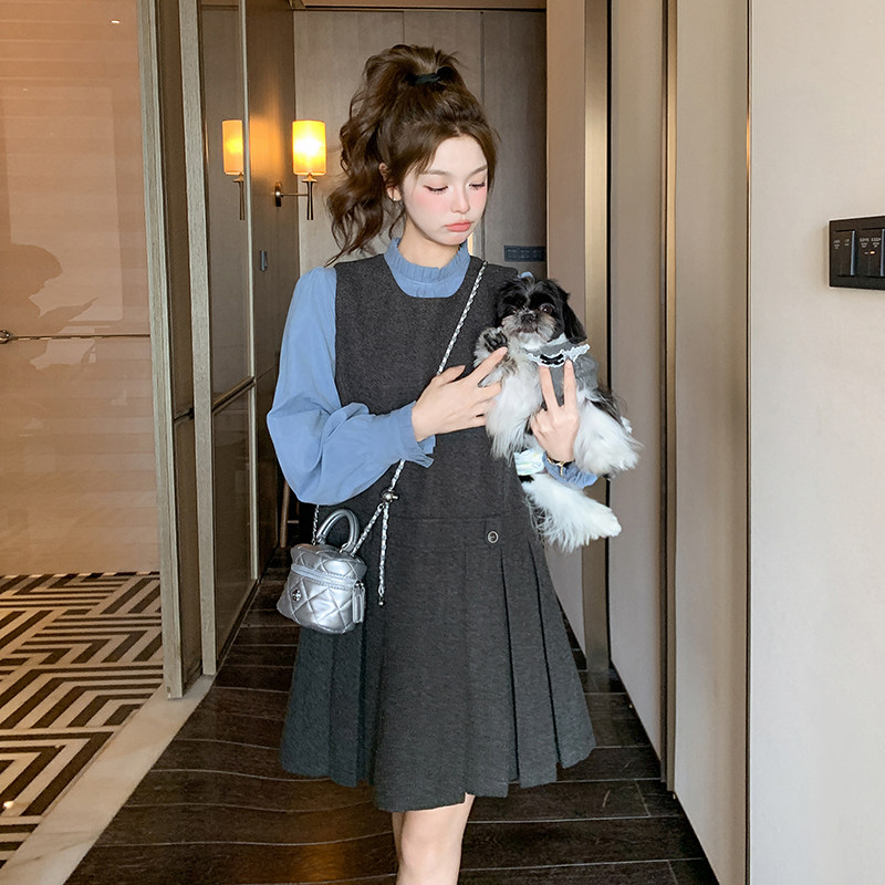 现货高品质蓝色衬衫+毛呢裙两件套装159-736P165K248,女装套装/套裙,浙宝159