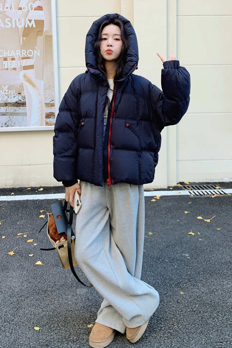 藏青色短款羽绒服女2025冬季新款韩版休闲连帽90白鸭绒加厚面包服,女装羽绒服,浙宝159