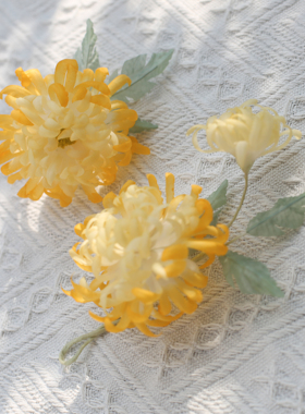 玉蕊|黑喵喵原创黄色菊花真丝烫花发饰造花古风汉服头饰配饰