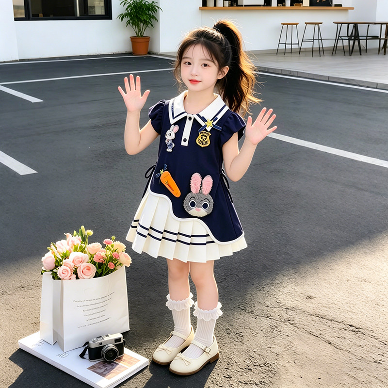 女童夏季海军领连衣裙兔子警官