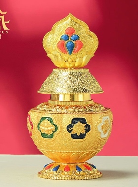 藏村彩绘八吉祥宝瓶 藏式镇家用供瓶 黄财神地藏龙王如意宝瓶摆件