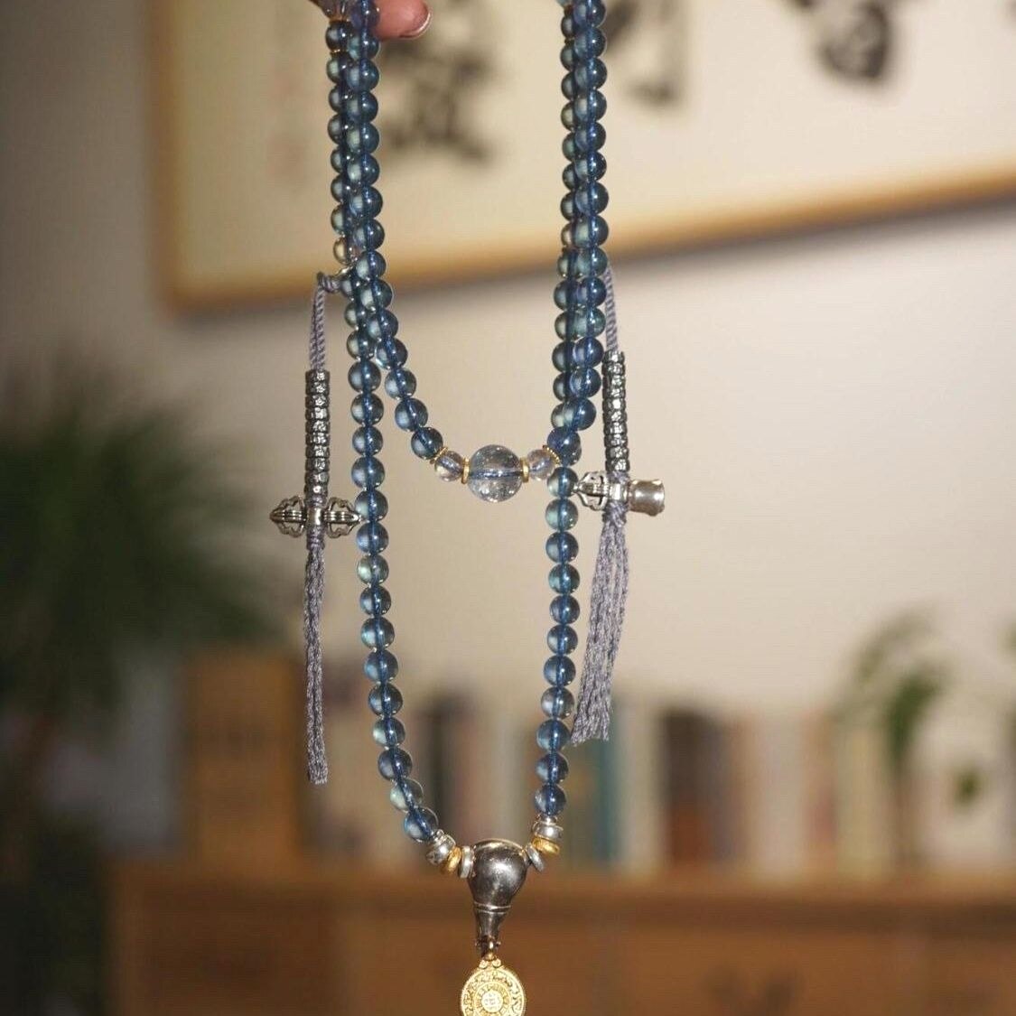 海蓝宝直切双圈手串复古高颜值海蓝宝108颗佛珠卡子文玩项链送礼