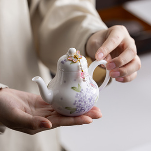 手绘绣球花陶瓷茶壶高颜值女生专用泡茶壶带小提留功夫茶具喝茶壶