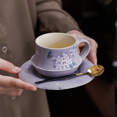 尘事手绘紫色绣球花咖啡杯杯碟