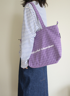 MOREGOOL 24/SS原创 紫色格子印花单肩帆布包 日常轻便格纹托特包