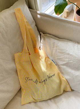 MOREGOOL 23/SS 原创黄色格子印花单肩帆布包 日常轻便棉布袋