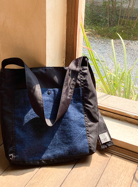 MOREGOOL 22/FW 原创日本进口藏青色牛仔托特包 拉链款斜跨小方包