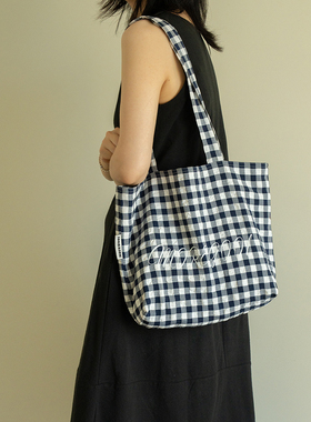 MOREGOOL 25/SS 原创藏青色格子帆布包 日常大容量托特电脑包