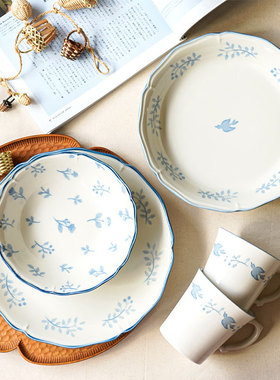 日本进口BISQUE美浓烧马克杯餐盘家用陶瓷碗小鸟餐具米饭碗汤盘