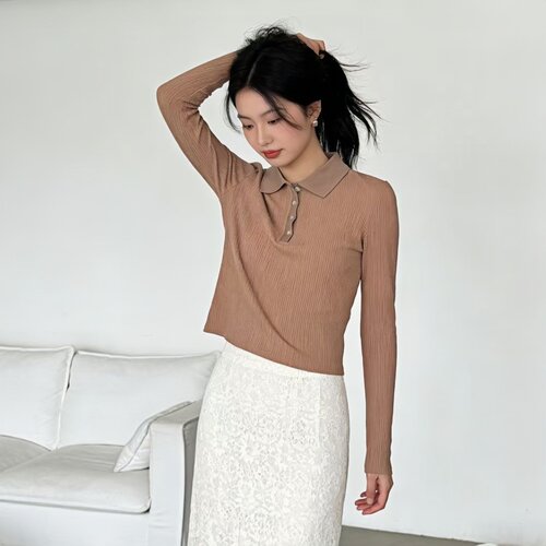 春夏POLO领坑条针织显瘦T恤女