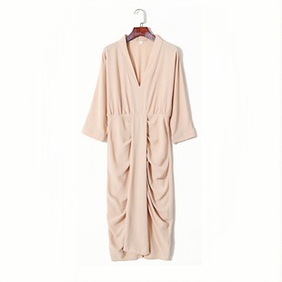 法式 春夏季 垂坠感长裙 七分袖 优雅约会裙 裸色V领收褶连衣裙女