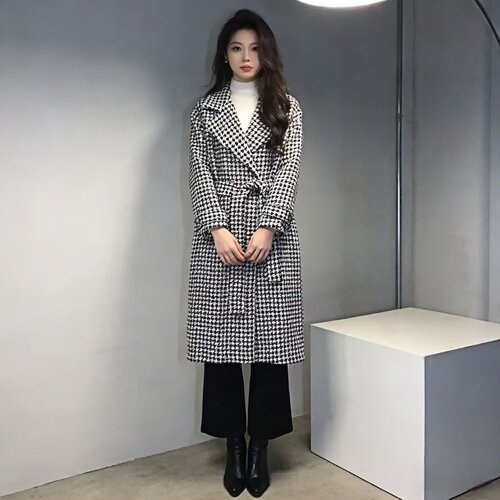 秋冬加厚千鸟格毛呢大衣女长款