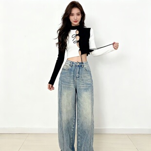 2026春秋黑白撞色绑带针织衫女修身短款半高领设计感小众长袖上衣