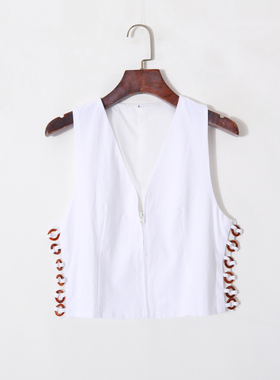 春夏季白色韩版V领无袖拉链马甲女侧边圆环系带设计修身百搭上衣
