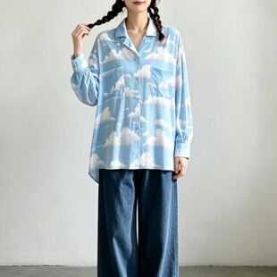 2026春秋清新印花长袖衬衫女 宽松oversize慵懒风垂坠感外穿衬衣