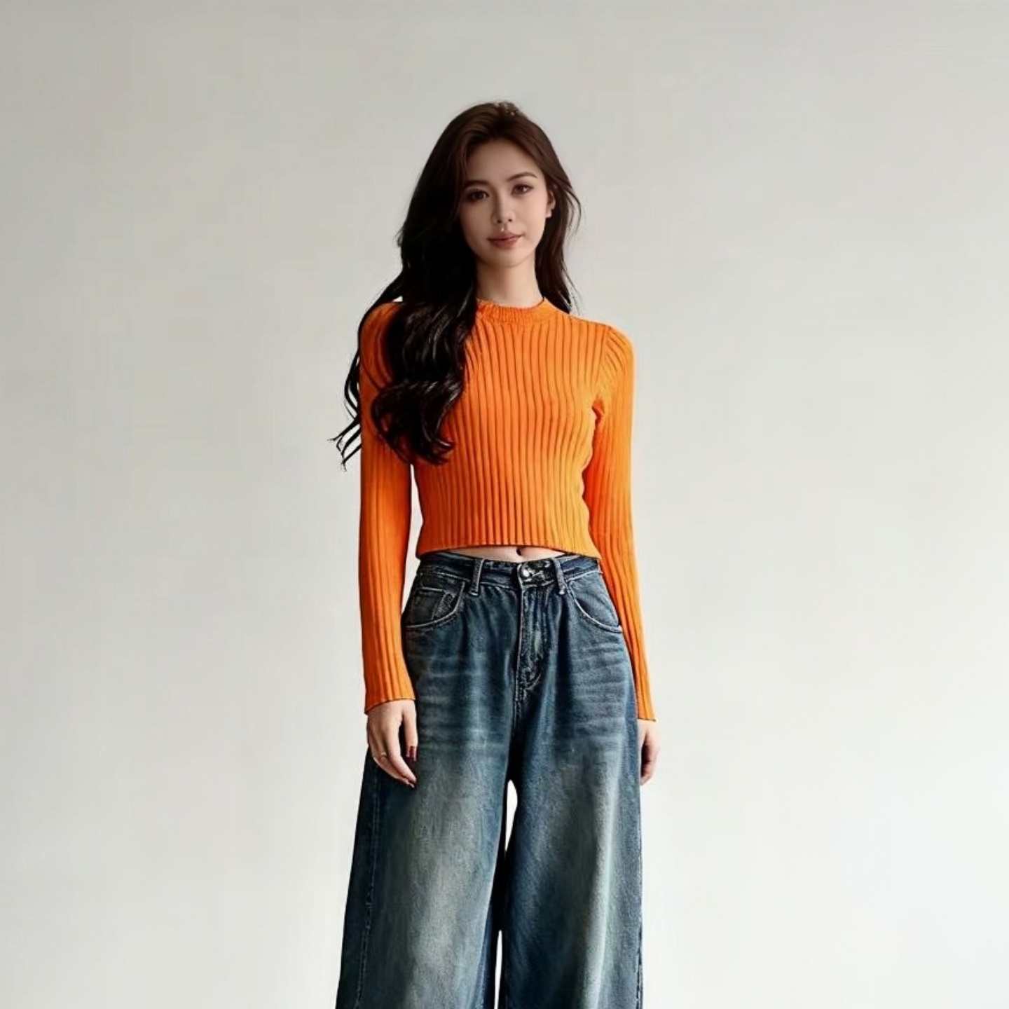 2026春秋橙色短款修身百搭针织衫