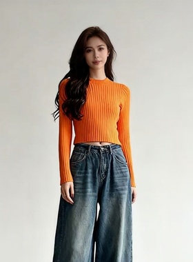 2026春秋橙色短款针织衫女修身显瘦竖坑条长袖圆领弹力打底上衣