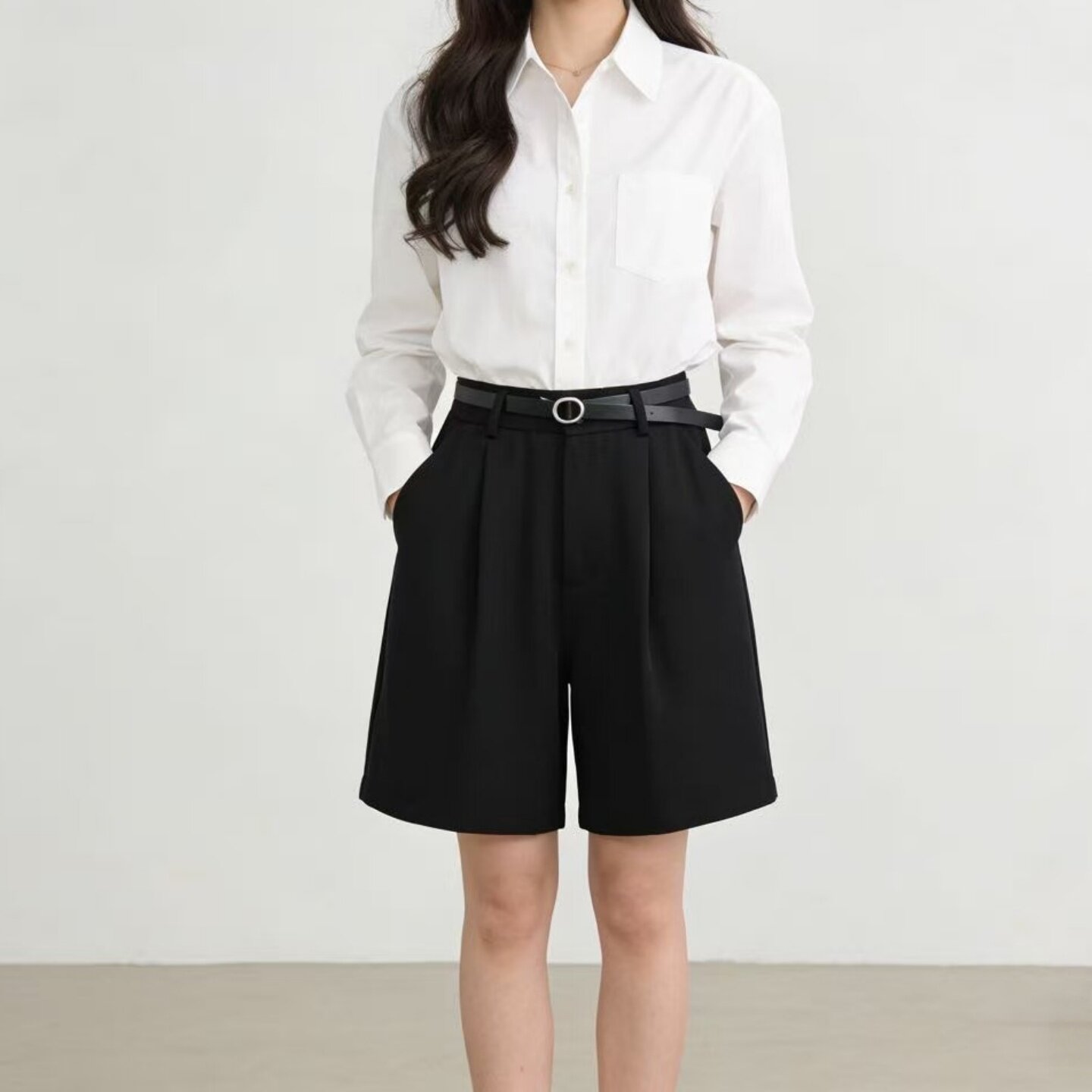 夏季黑色高腰西装短裤女 垂坠感A字阔腿裤 职场通勤显瘦百搭短裤