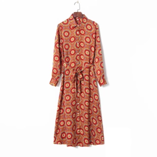 女装 裙 衬衫 2023春季 复古印花气质翻领单排扣高腰系带修身 显瘦长袖