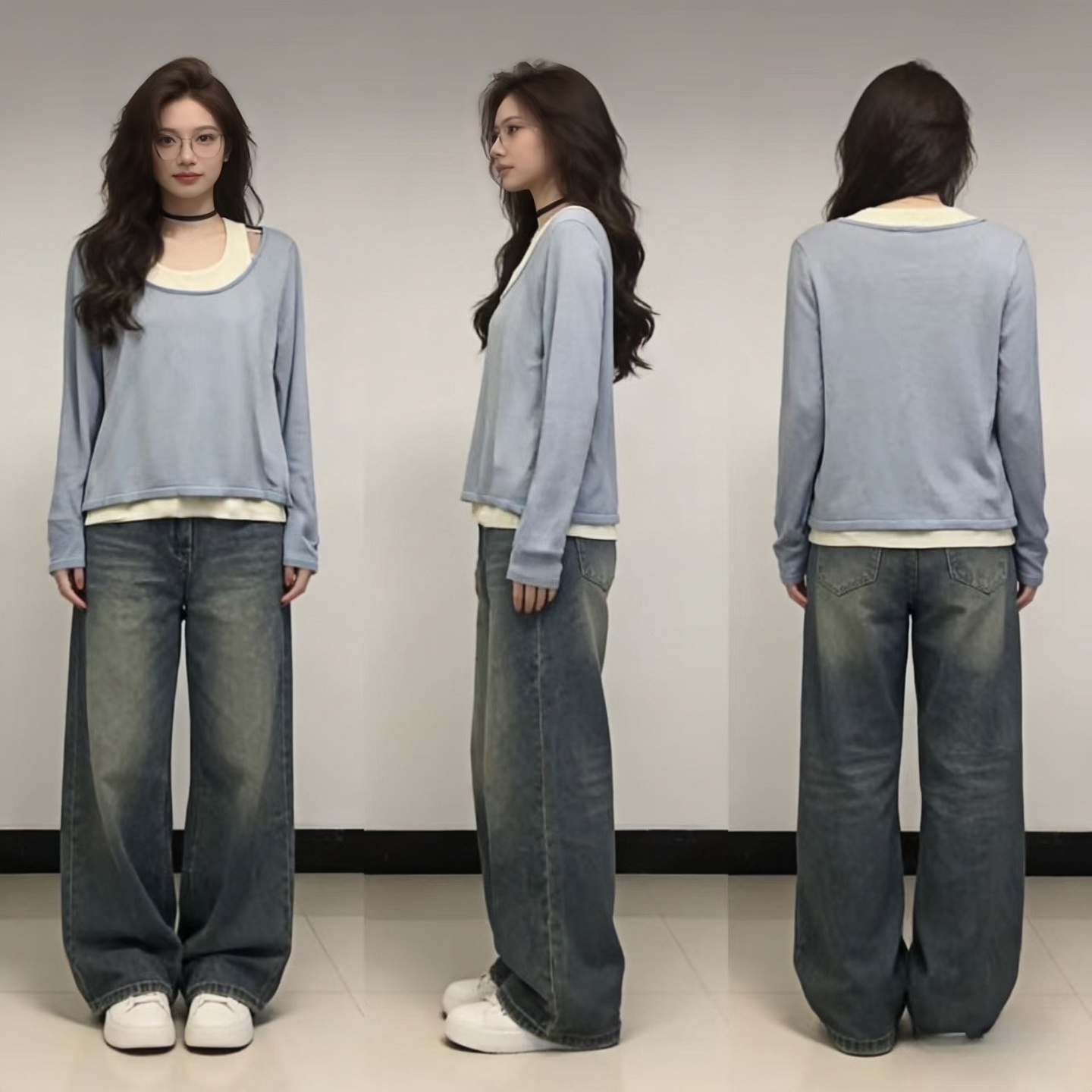 春秋浅蓝假两件露肩宽松针织衫女