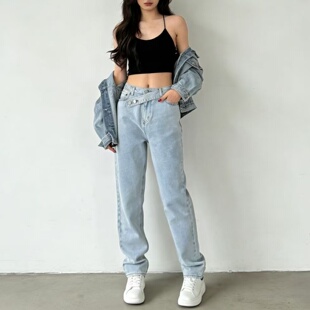 2026春夏斜腰设计感牛仔裤女 宽松显瘦老爹裤 高腰直筒小脚长裤
