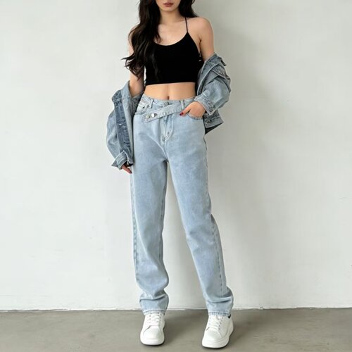 春夏女斜腰显瘦高腰牛仔小脚长裤