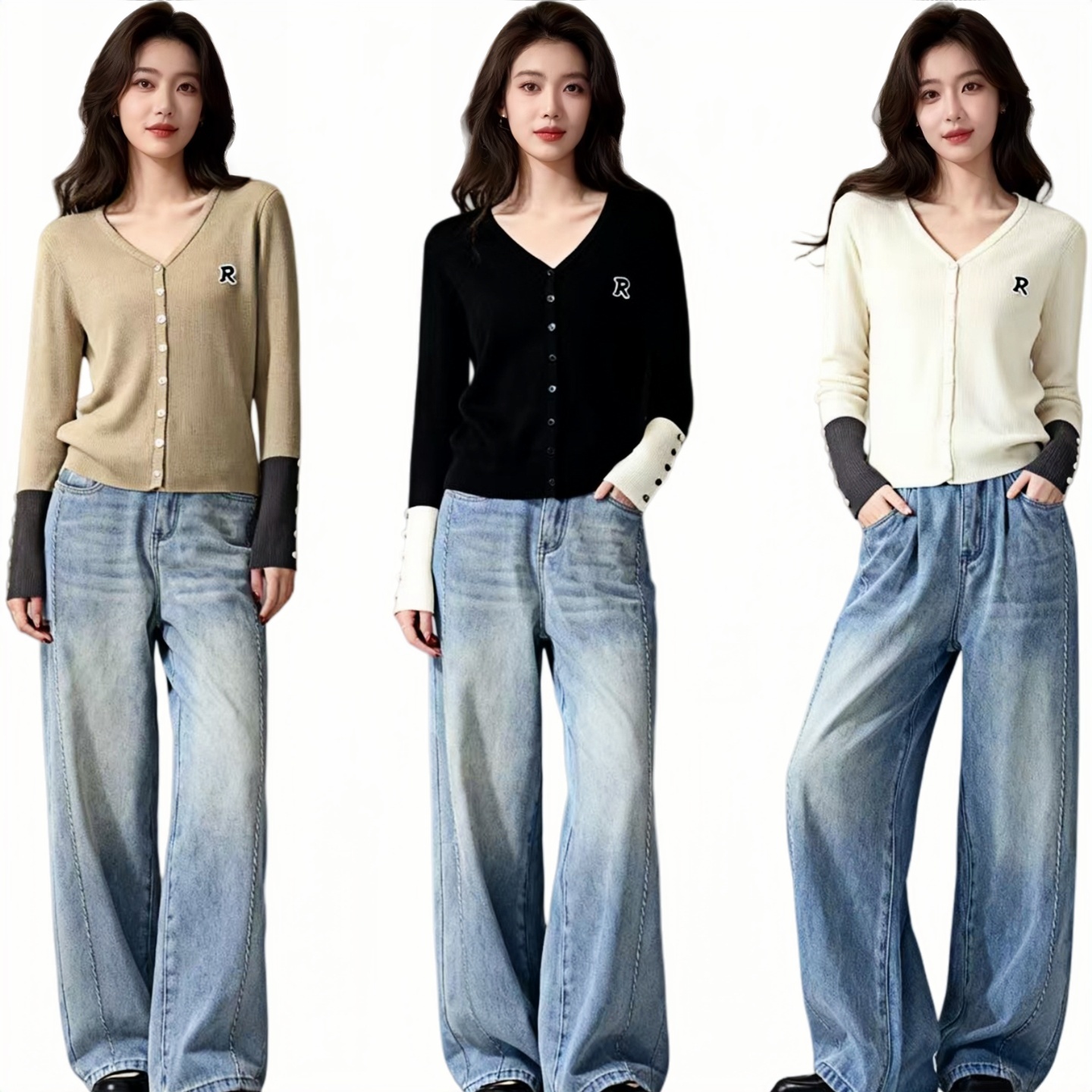 2025春秋撞色针织开衫女V领宽松