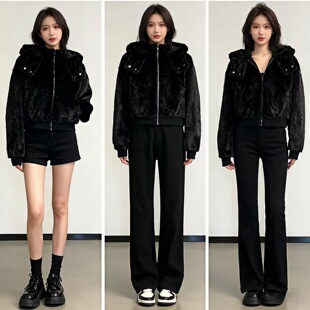 2026秋冬黑色毛绒连帽外套女 短款拉链保暖宽松百搭仿皮草上衣