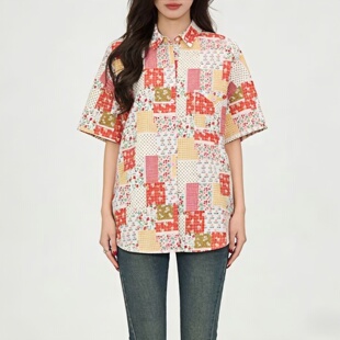 2026夏季复古碎花五分袖衬衫女 宽松大版田园风上衣 休闲显瘦衬衣