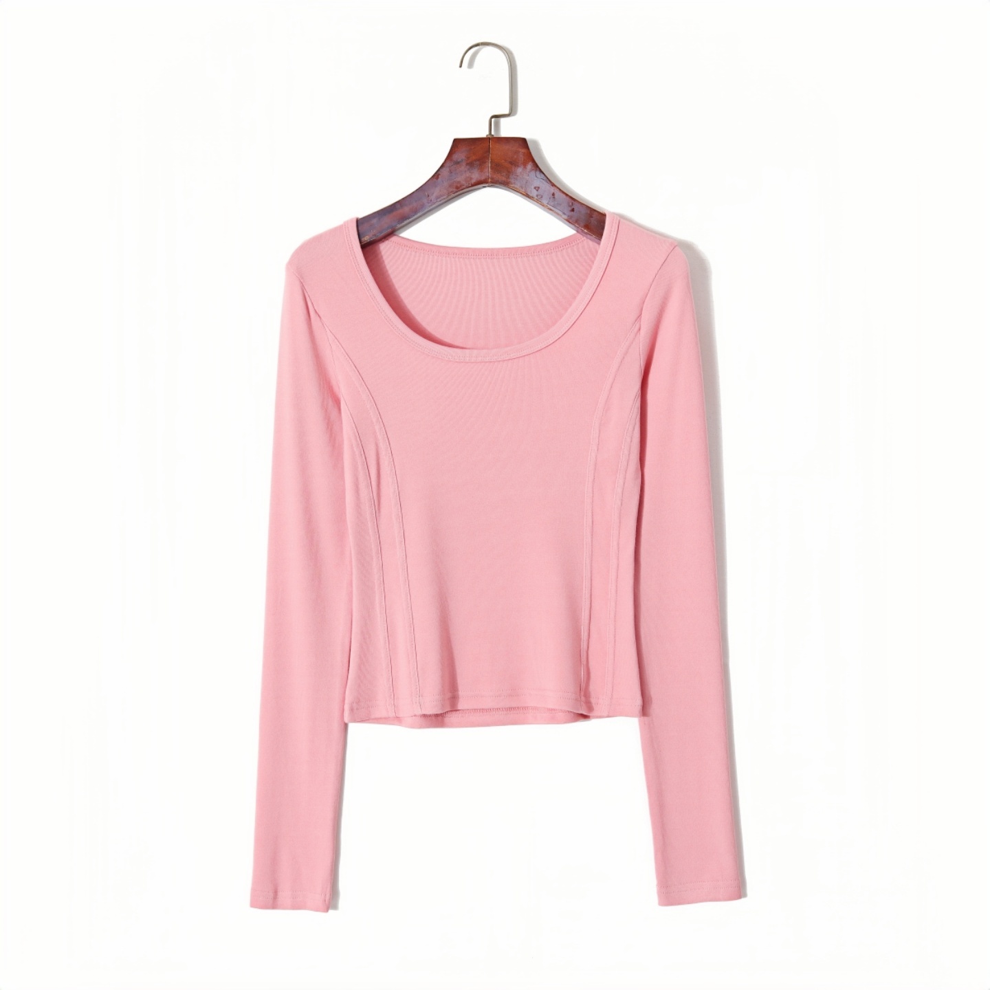 粉色U领长袖上衣女修身打底衫