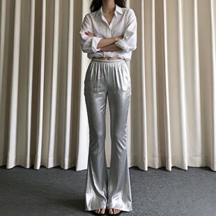 2026春夏季银色阔腿裤女 亮面垂坠感高腰显瘦酷飒风穿搭喇叭裤