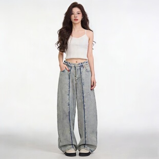 子 高腰显瘦宽松小个子直筒老爹裤 2026春秋复古水洗阔腿牛仔裤 女