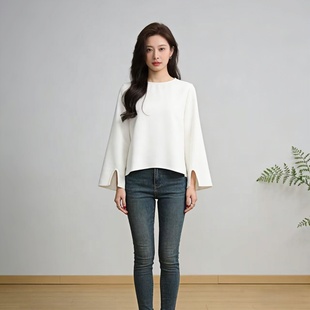春秋白色宽松喇叭袖上衣女 后背绑带设计感圆领衬衫 显瘦百搭小衫