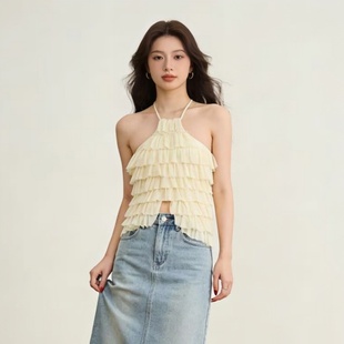 2026春夏季全露背修身显瘦吊带女 荷叶边挂脖背心 甜酷辣妹上衣