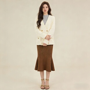 小香风粗花呢外套女2025新款 米白色宽松长袖中长款金扣气质上衣